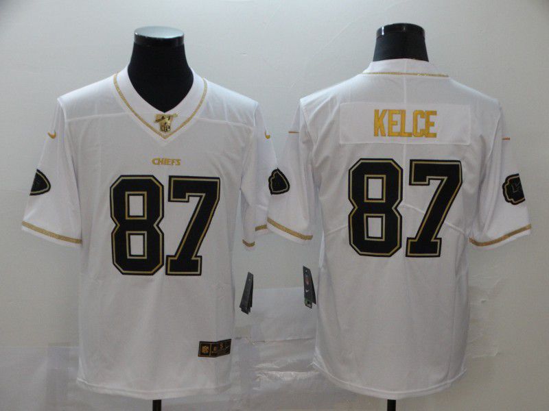 Men Kansas City Chiefs 87 Kelce White Retro gold character Nike NFL Jerseys